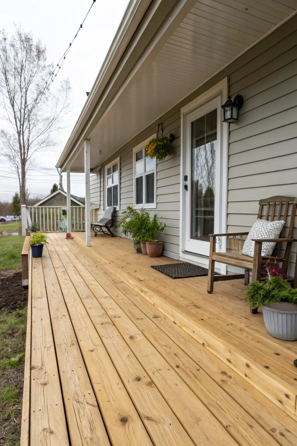 Treated pine presents a sturdy, economical flooring solution for porches.