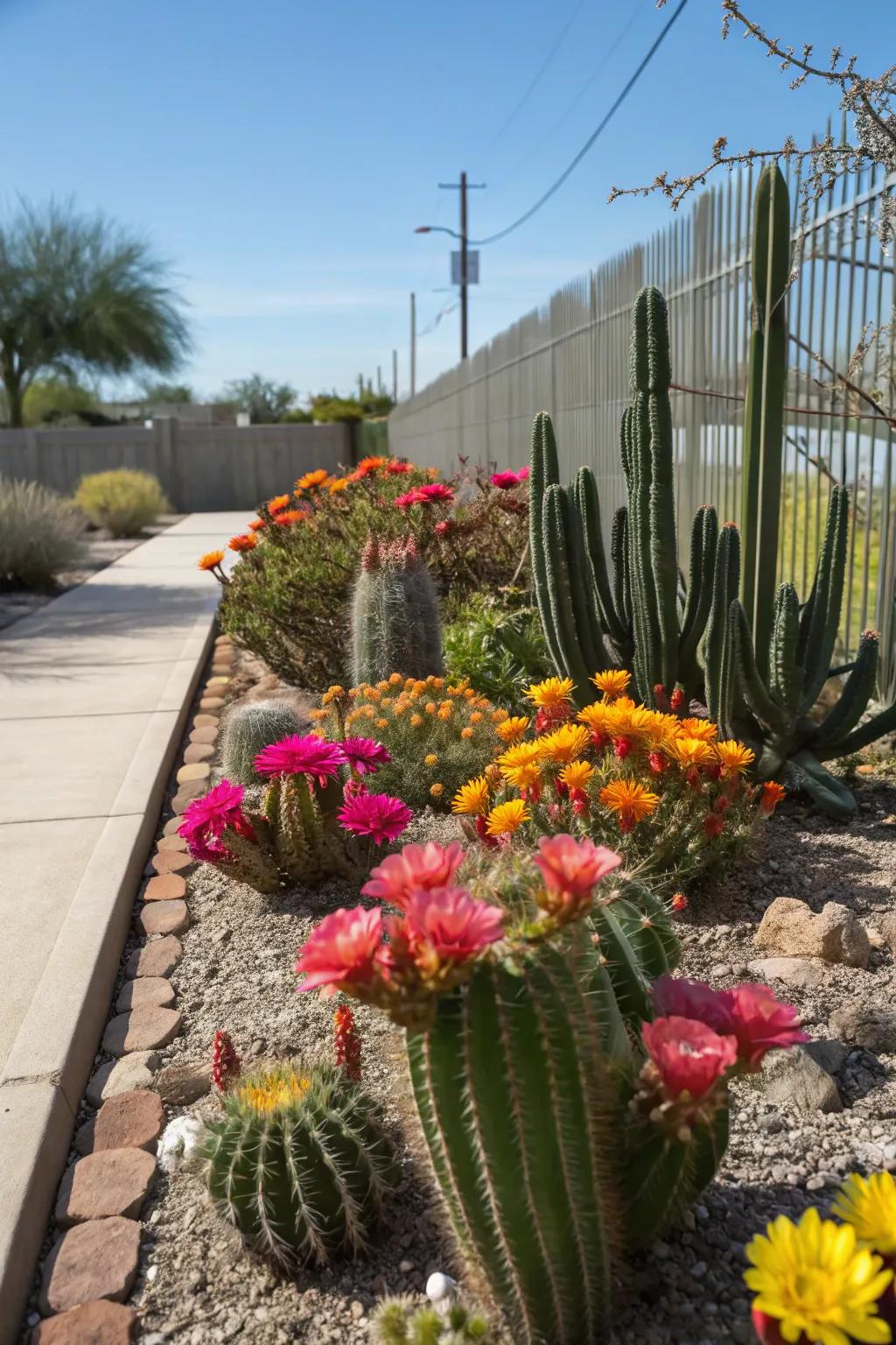Blossoming cacti sprinkling vibrant hues.