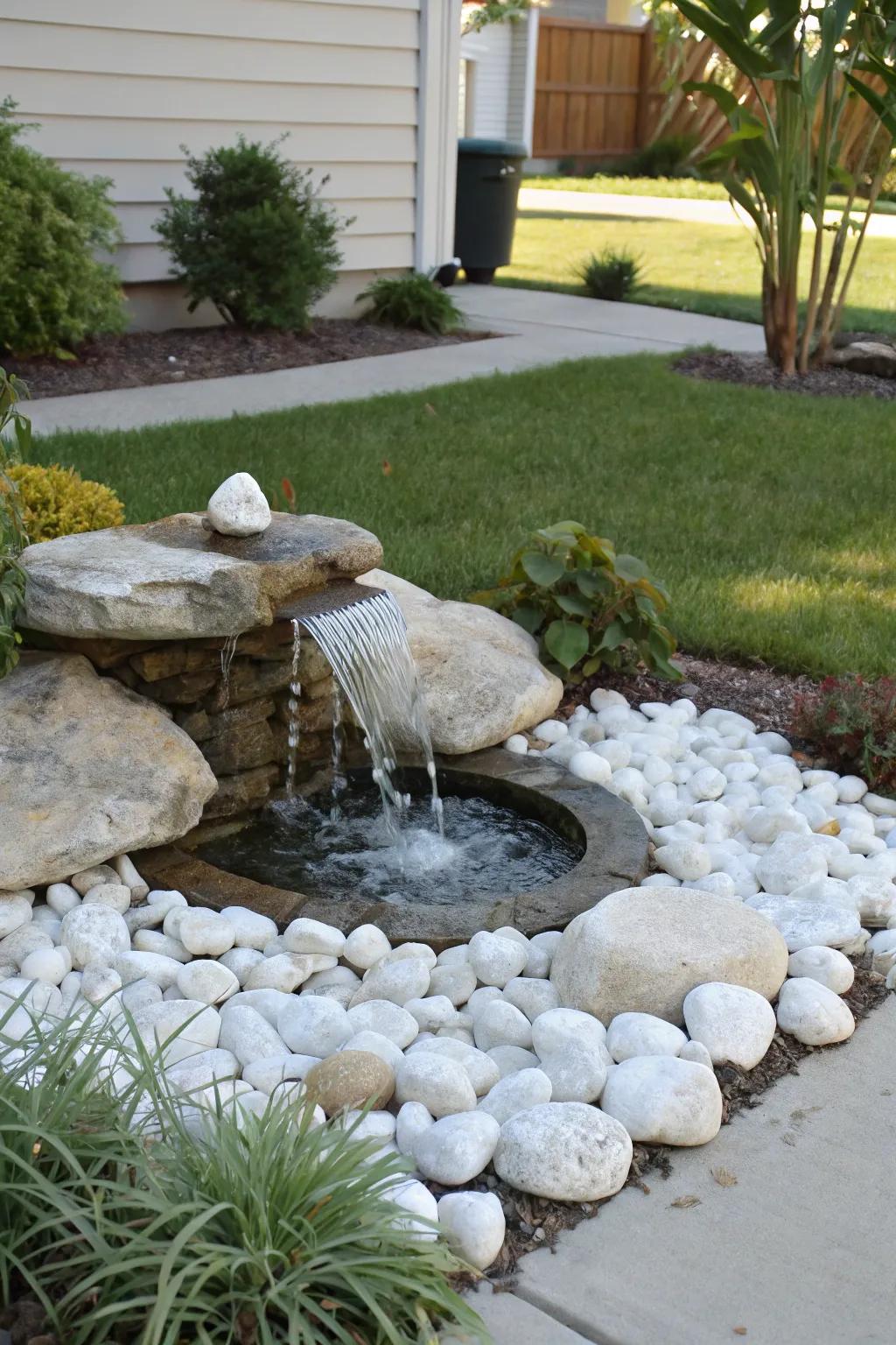 A water feature with alabaster rocks results in a serene garden oasis.
