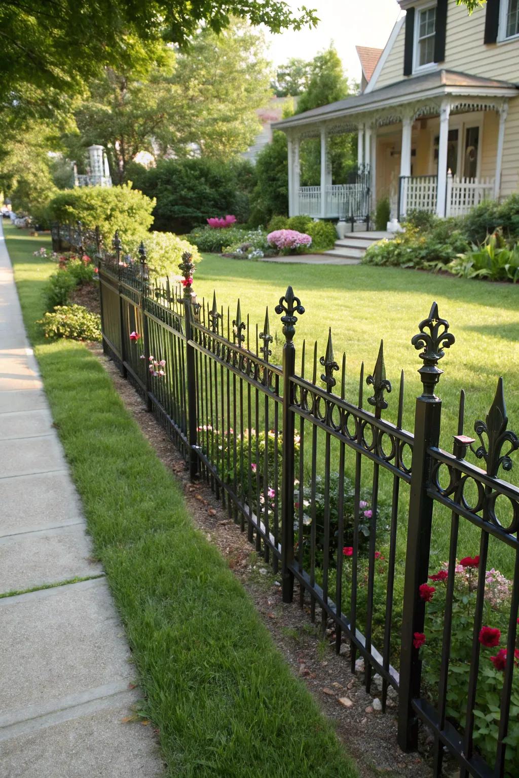 A decorative metal barrier with spearhead design elements standing strong in a front yard.