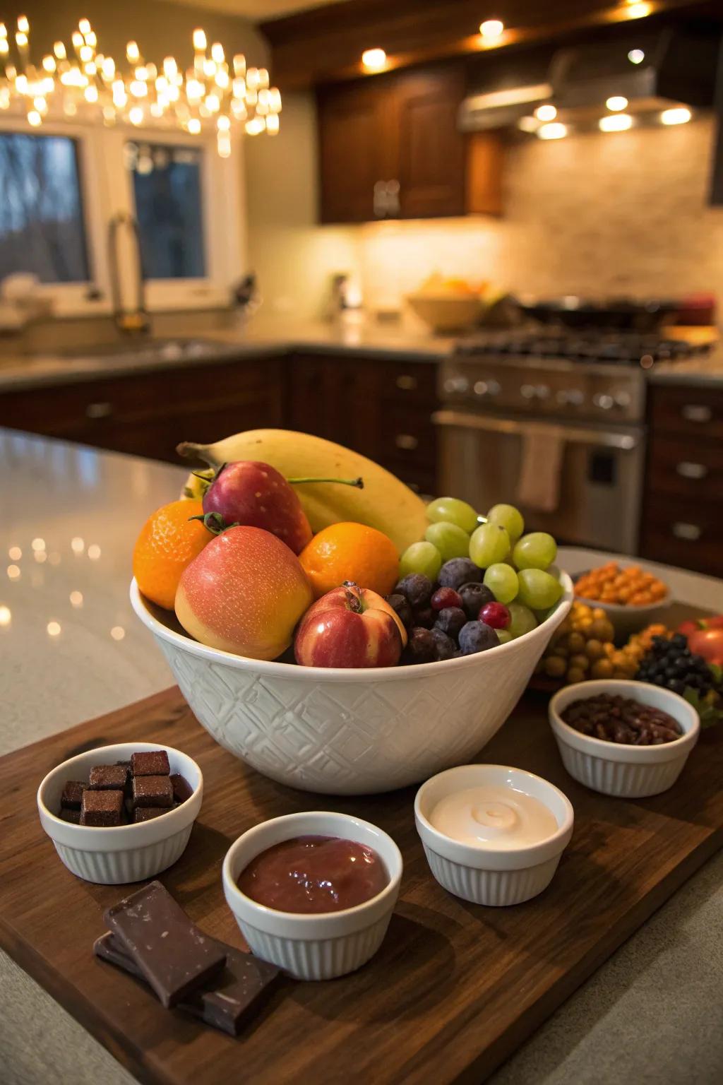 A delightful fruit platter complemented by tempting dipping sauces.