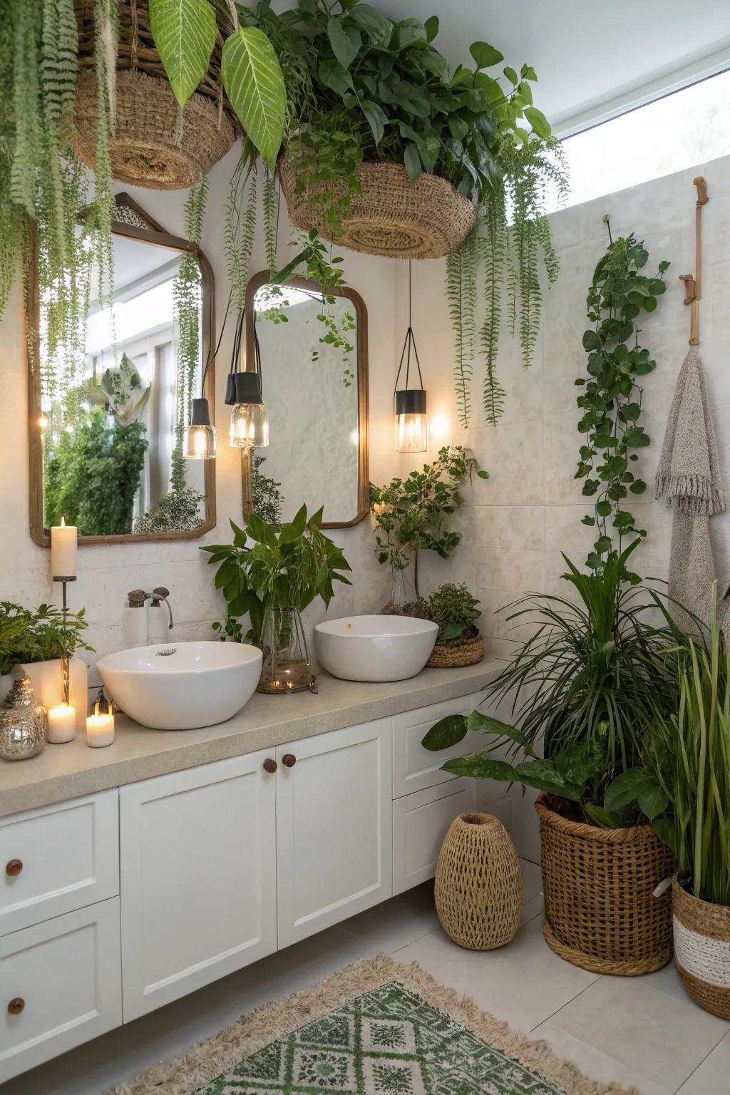 Greenery introduces a revitalizing touch to this chic bathroom.