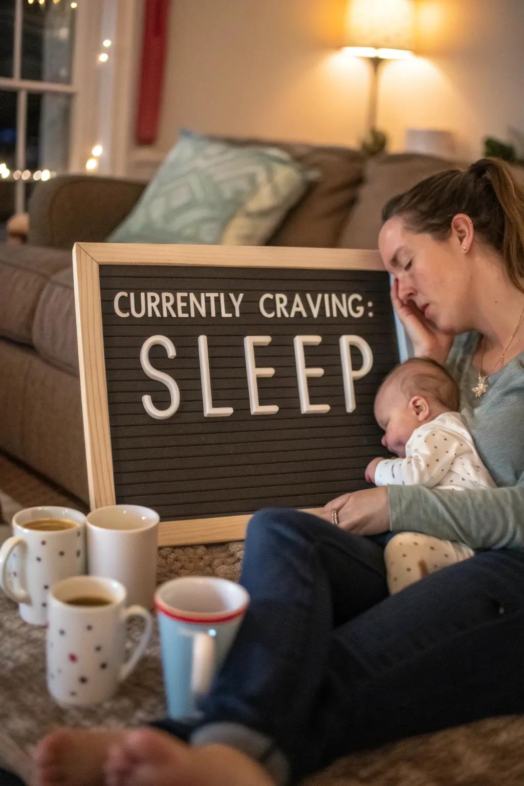 A humorous nod to the sleep battles faced by new parents.