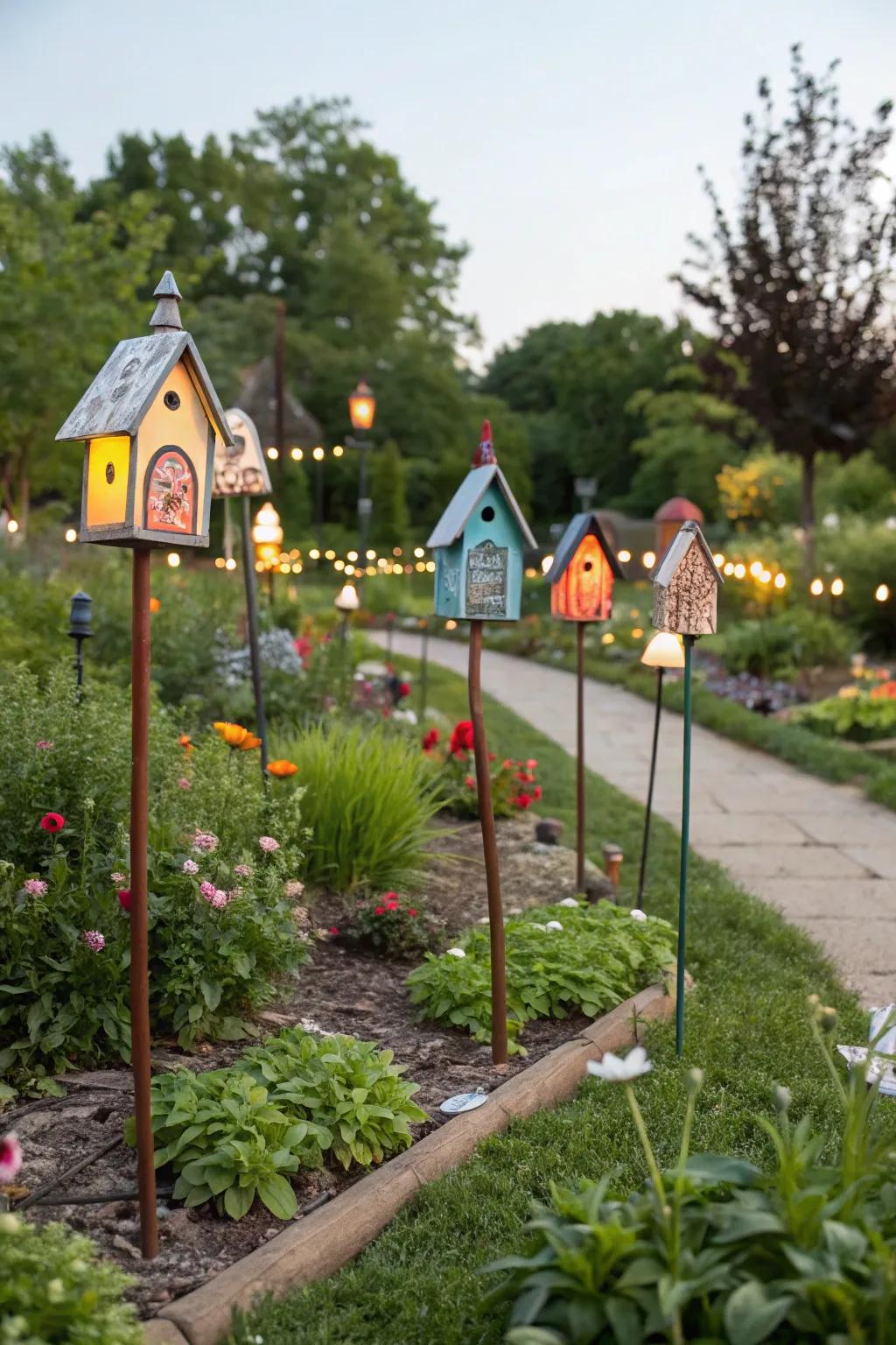 Tiny house stakes transforming the garden into a whimsical village.