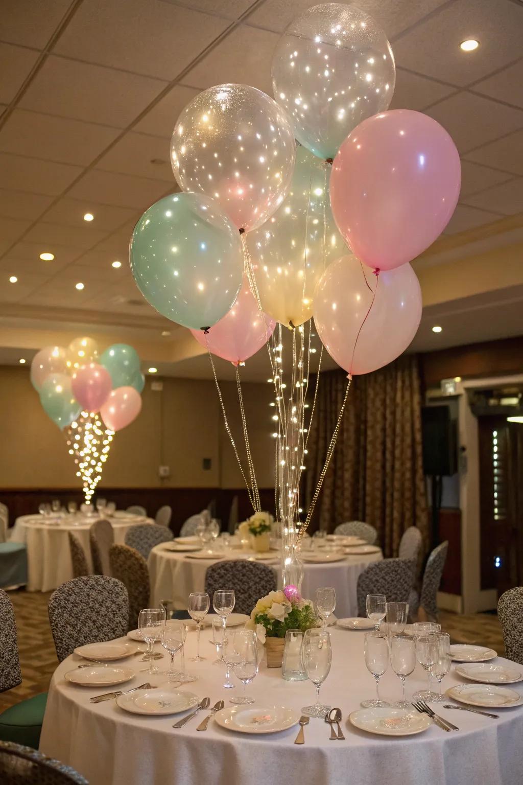 Playful components, such as balloons and pixie strands, contribute a magical aura.