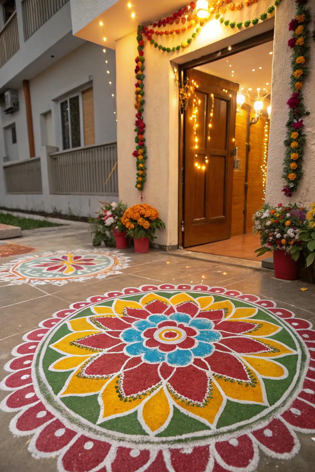A vibrant and welcoming rangoli pattern at the entrance, setting the celebratory mood.