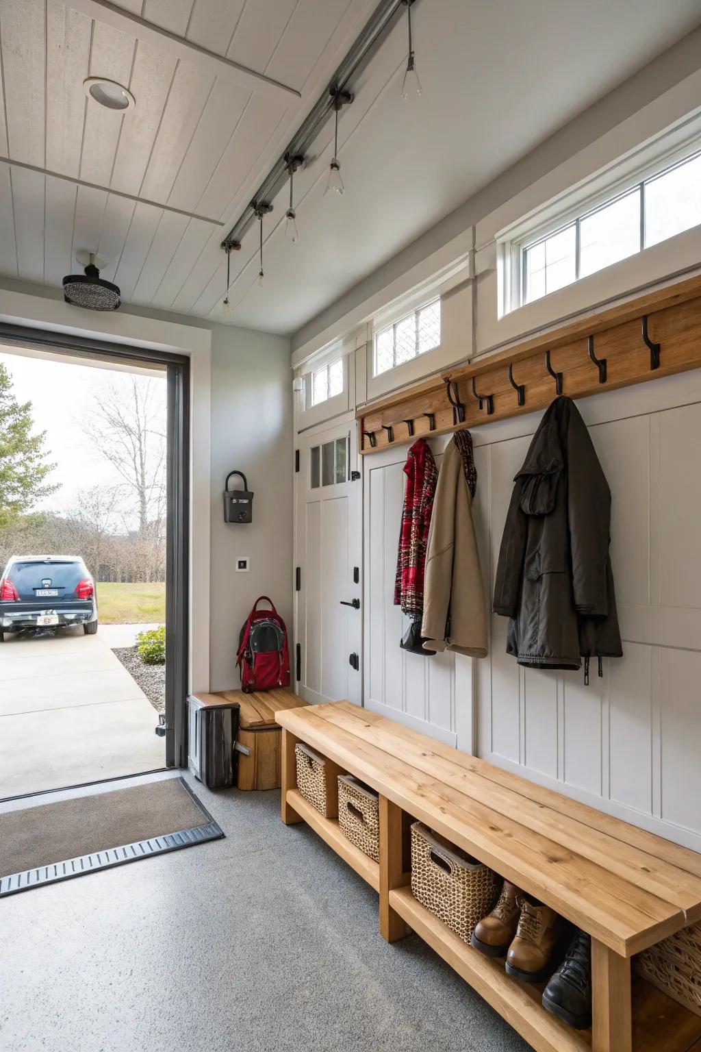 A mudroom-style entry keeps the garage in order and useful.