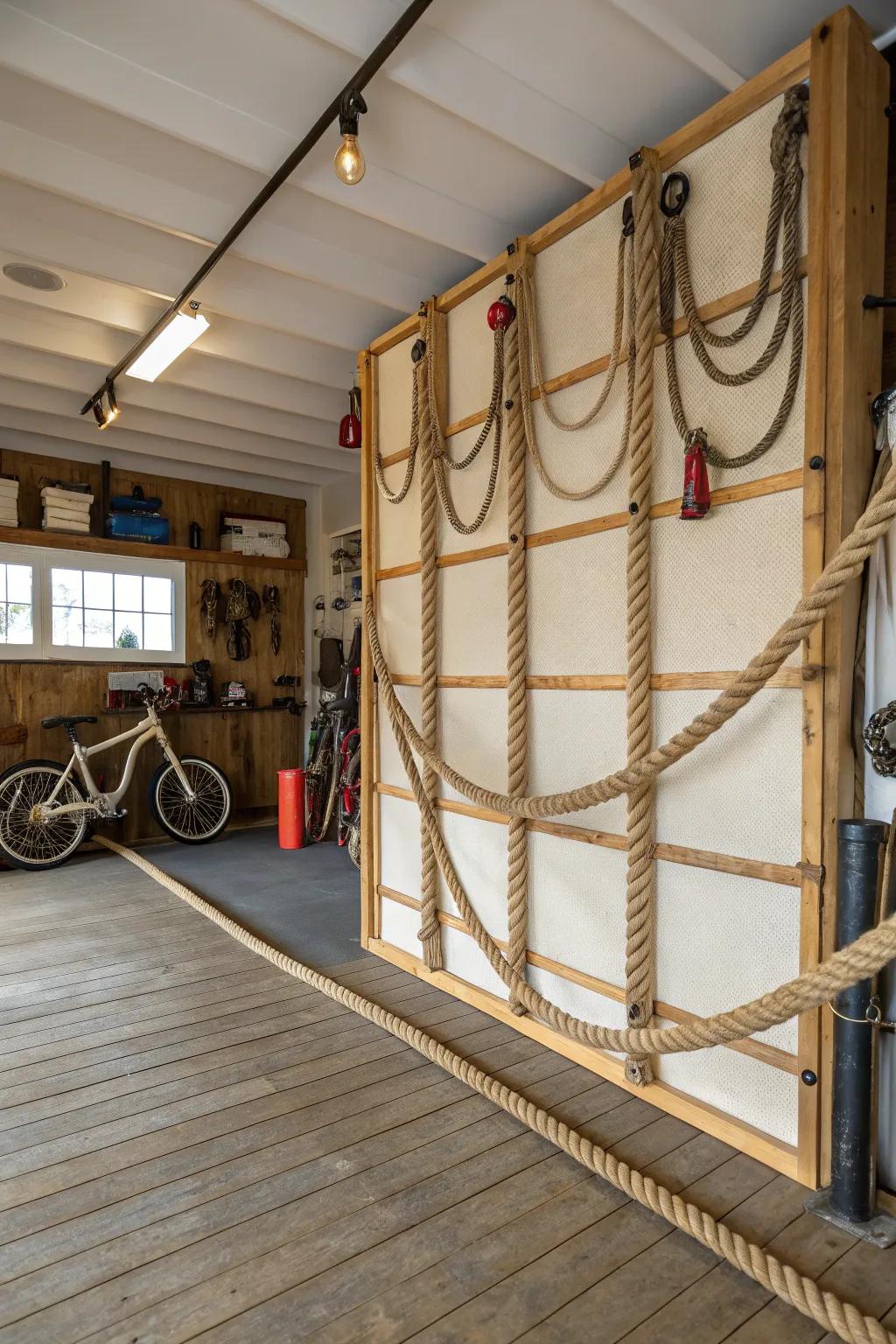 Twine wall dividers fashion a nautical theme with subtle partitioning.