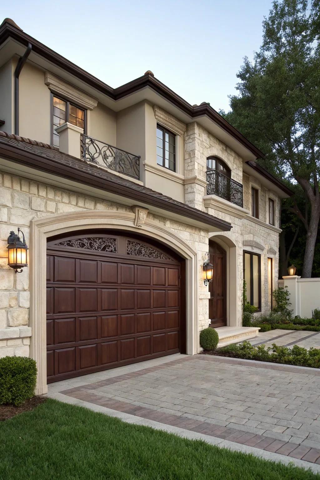 Luxurious cacao brown garage doors offer a lavish and warm appeal.