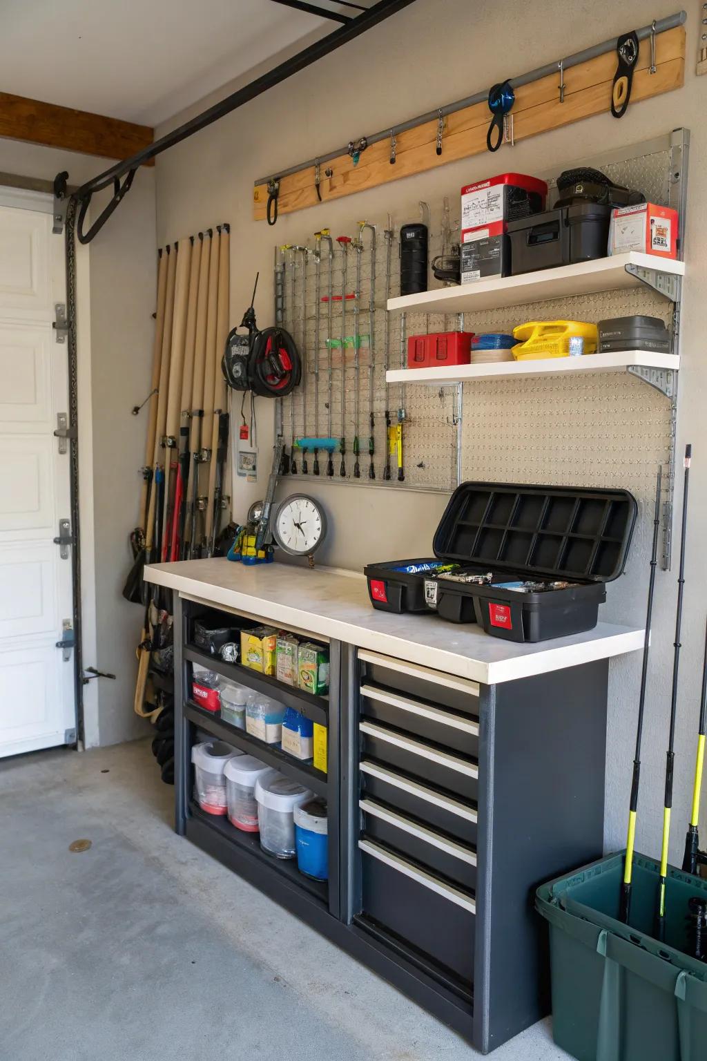 A fold-down workbench offers a compact option for a functional workspace in the garage.