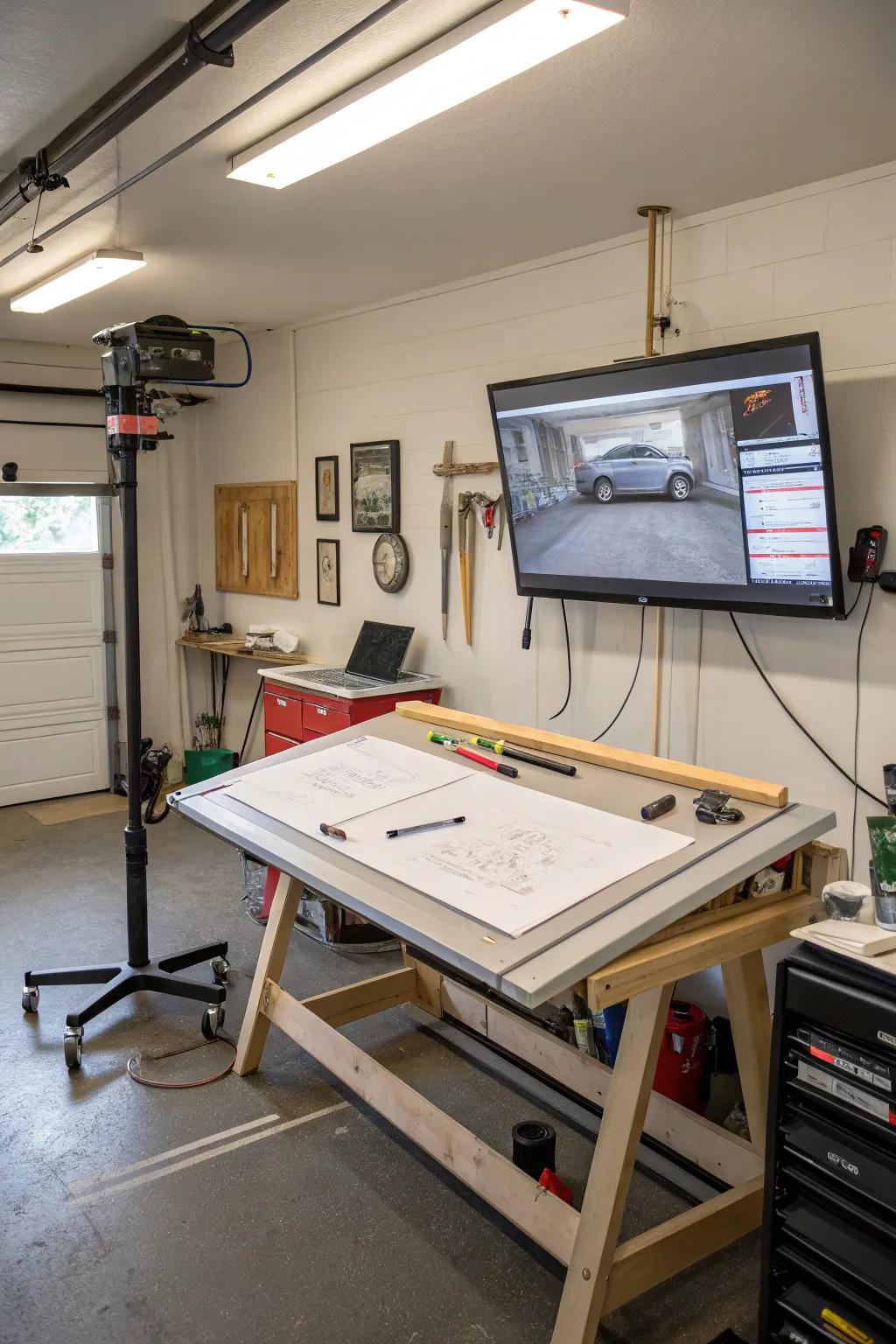 Inspire your creativity with a design station and TV setup in your garage.