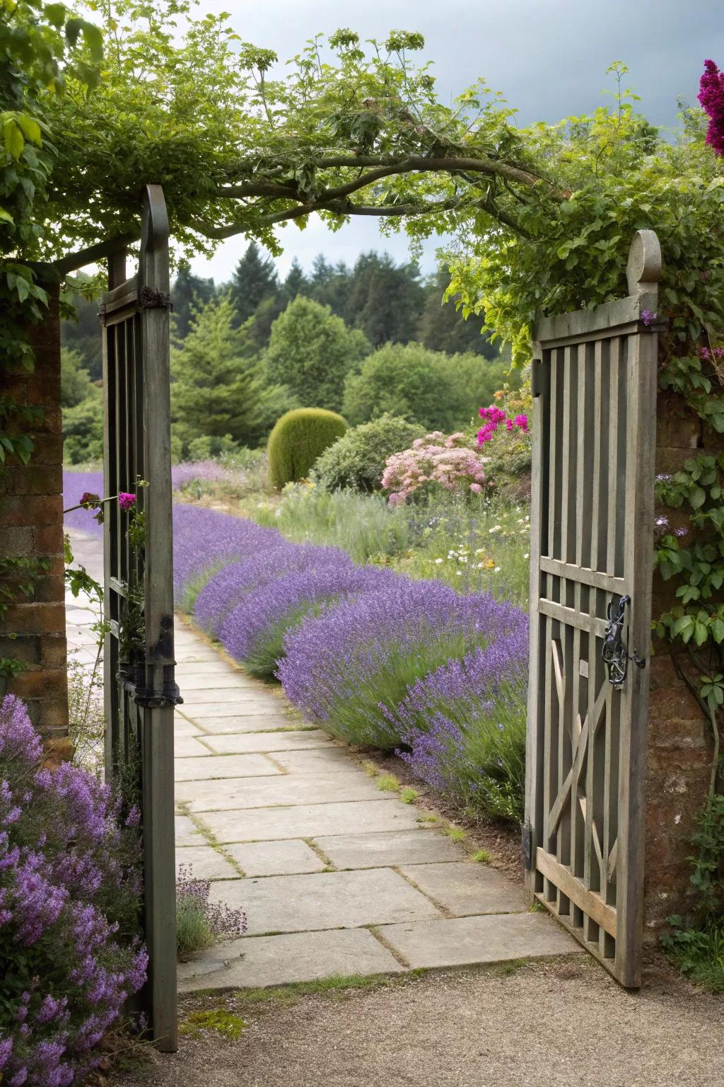 Garden door leading to a fragrant lavender-lined walkway.
