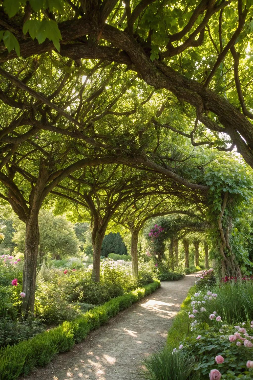 A garden escape features tree branches that form a natural roof.