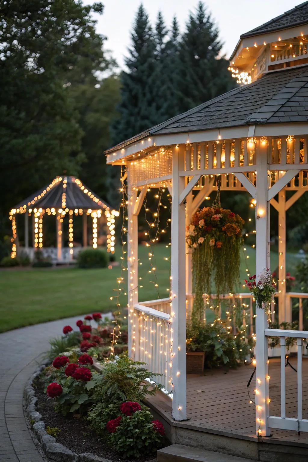 Festoon illumination bringing a celebratory charm to the gazebo.
