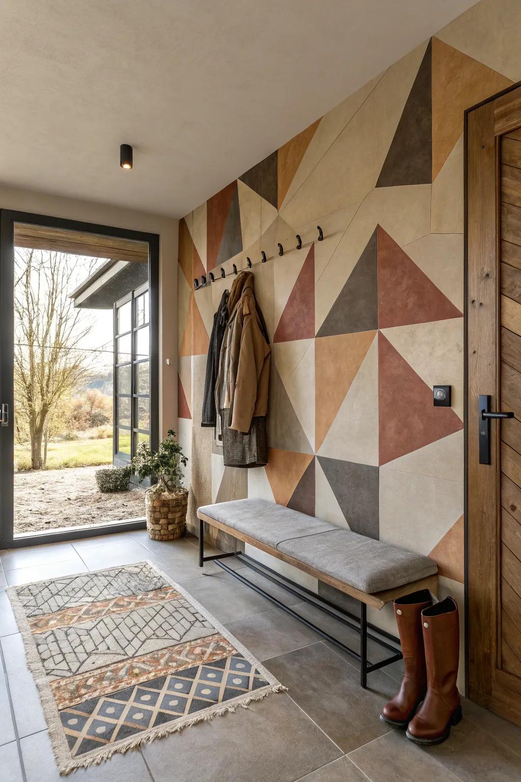 An entryway featuring unique asymmetrical geometric wall patterns.