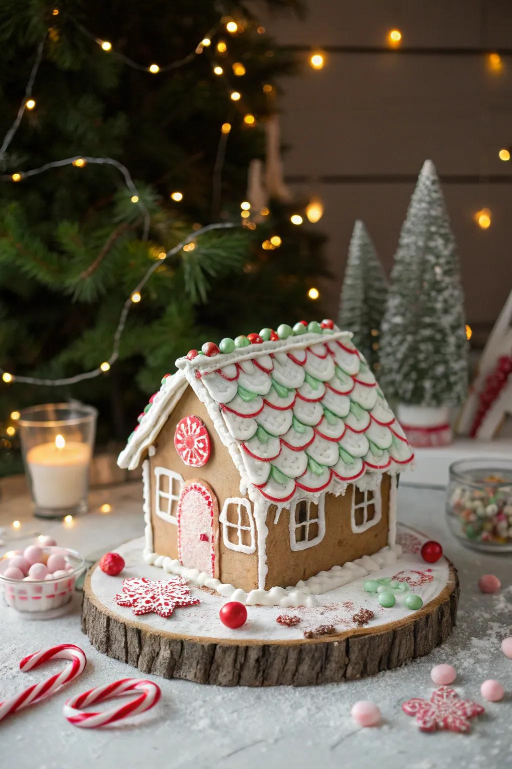 A gingerbread rooftop featuring minty flake slabs.