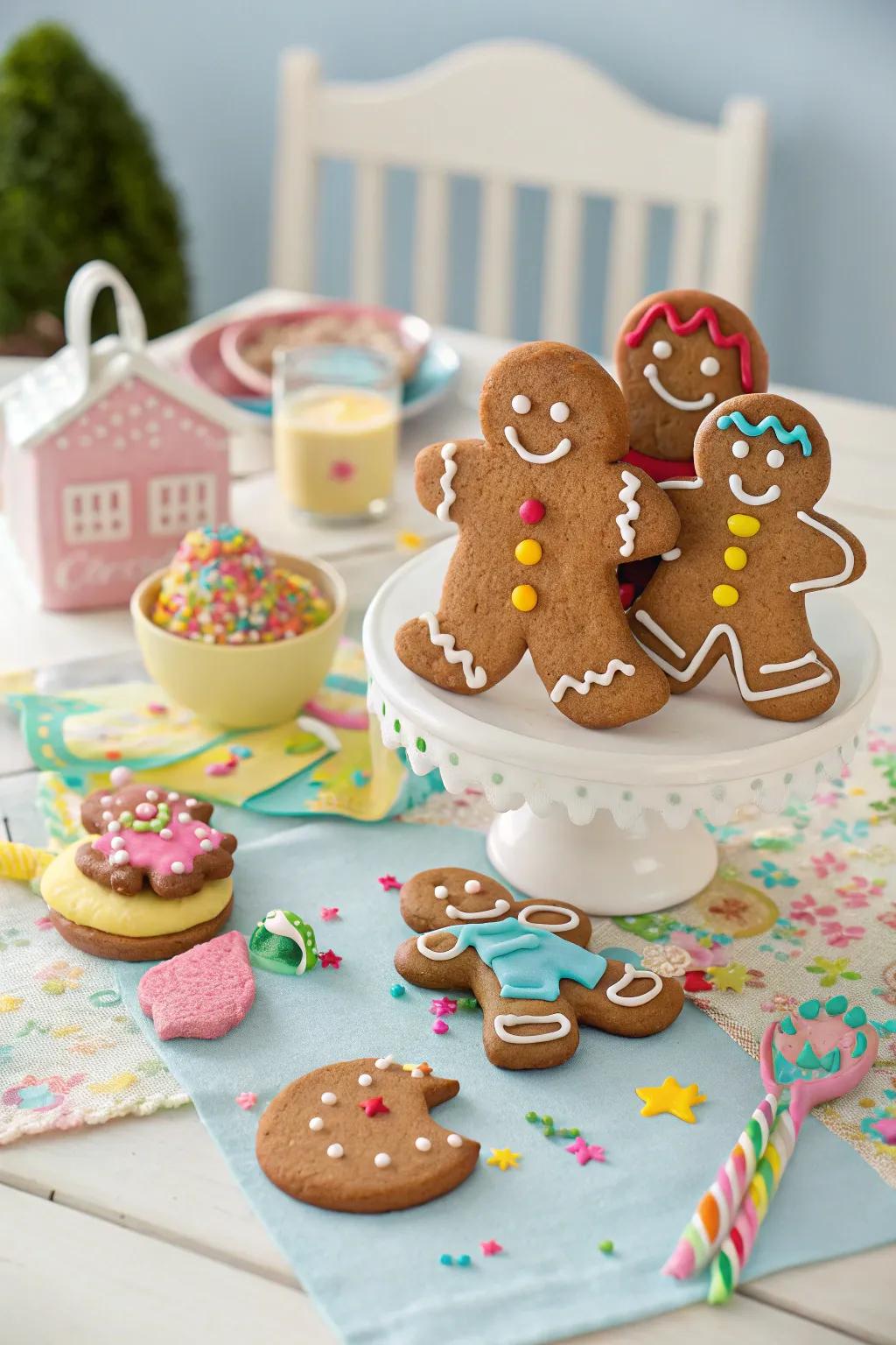 Playful gingerbread figures in amusing postures for a whimsical impression.
