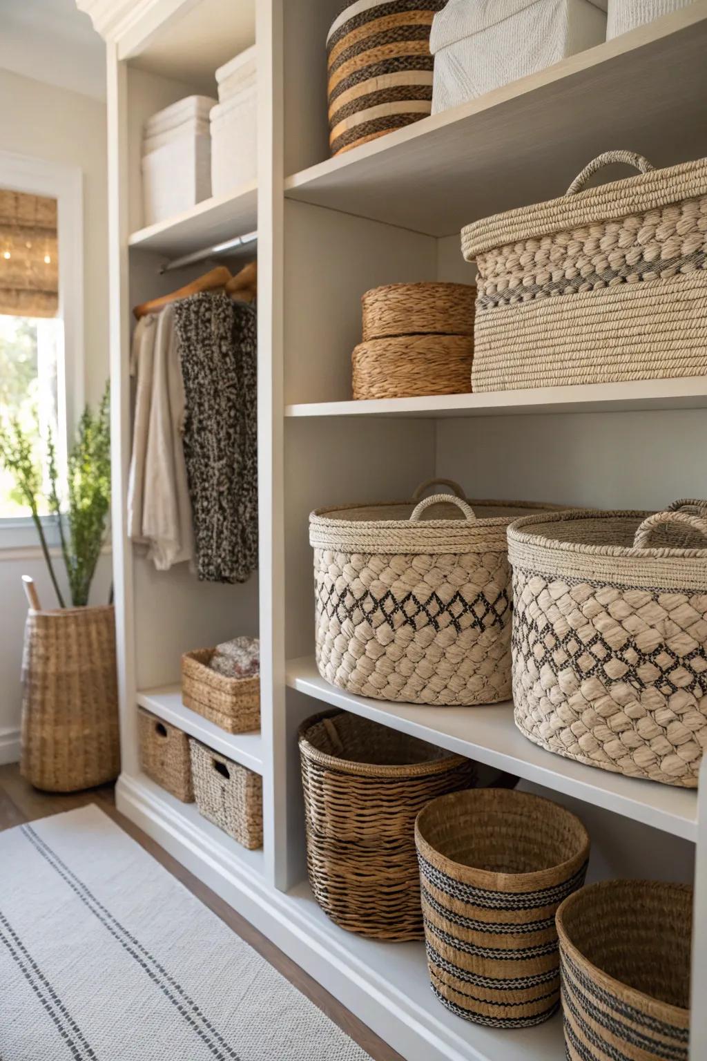 Practical storage options are combined with design by baskets.