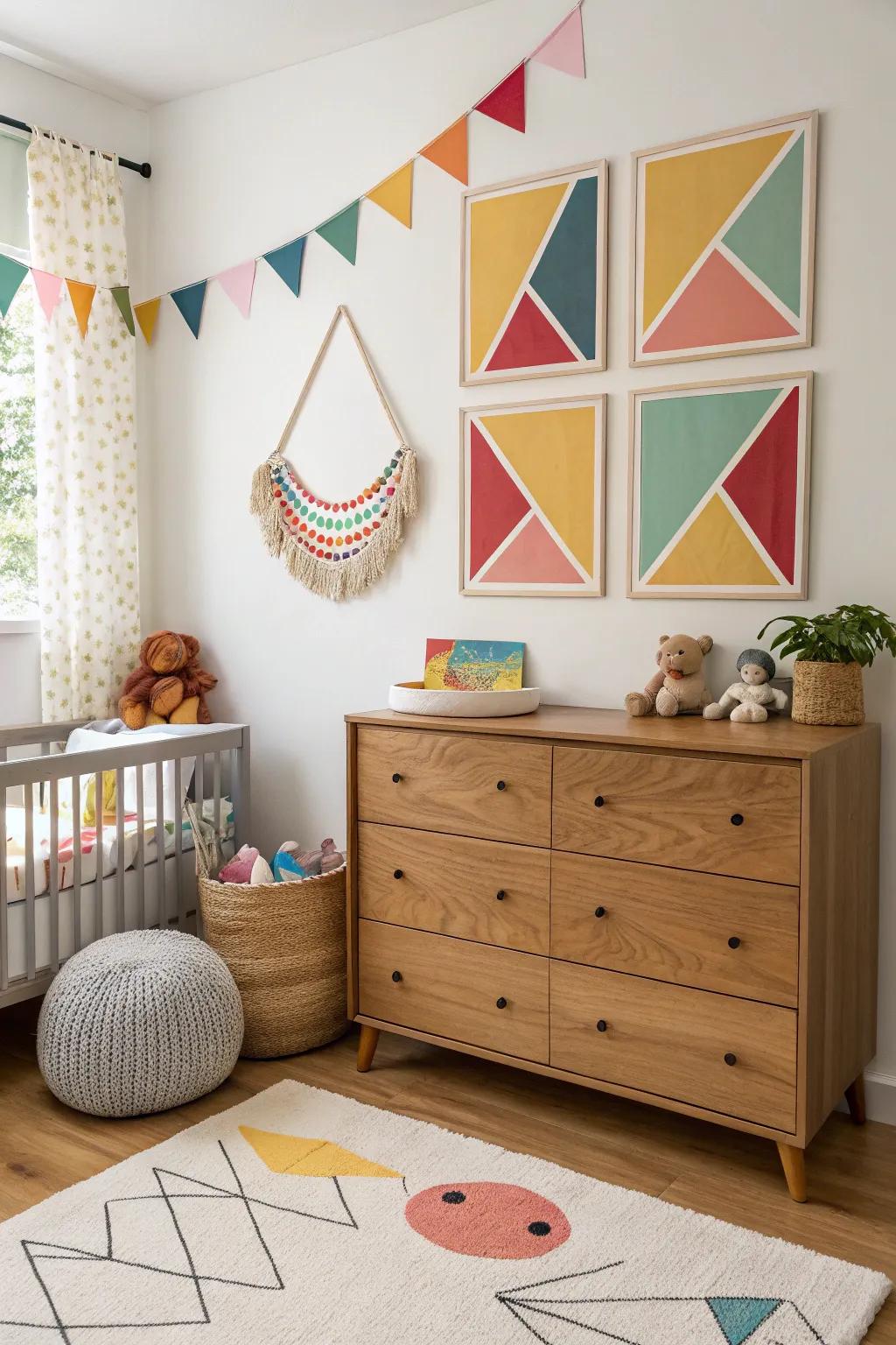 Geometric wall art infuses a contemporary twist into the nursery.