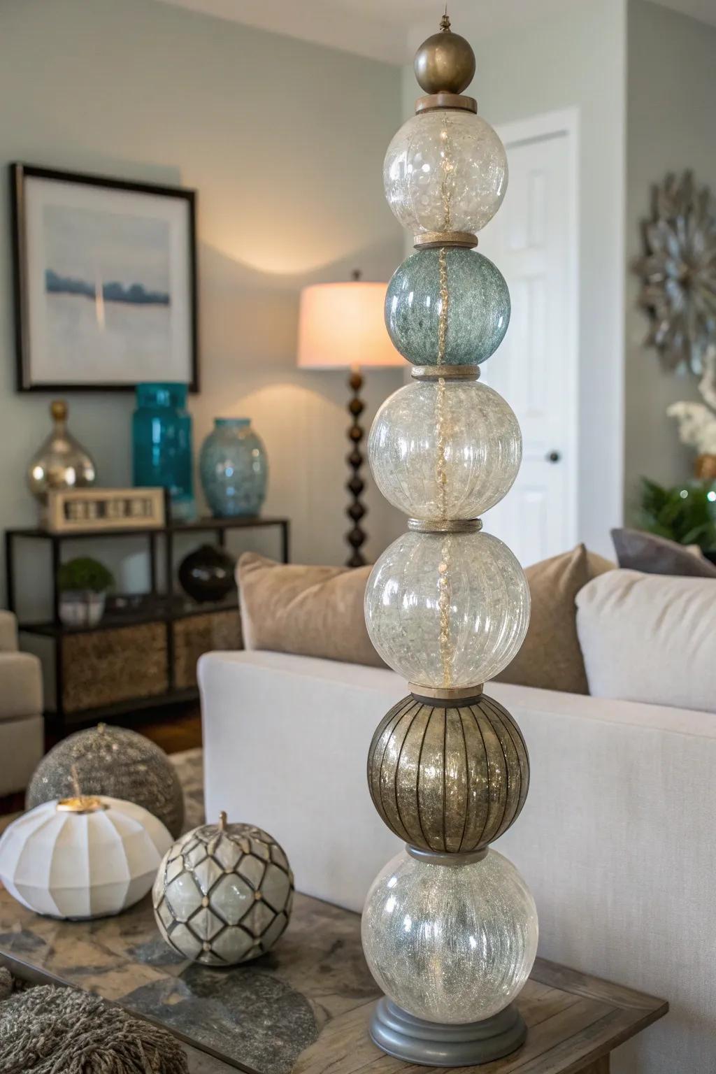 Build a creative piece using stacked crystal balls.