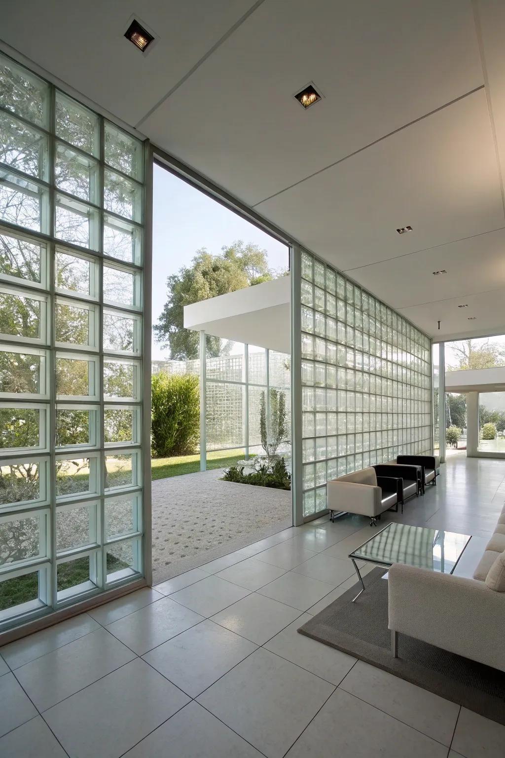 A modern inside with simple glass block walls that mix well with today's style.