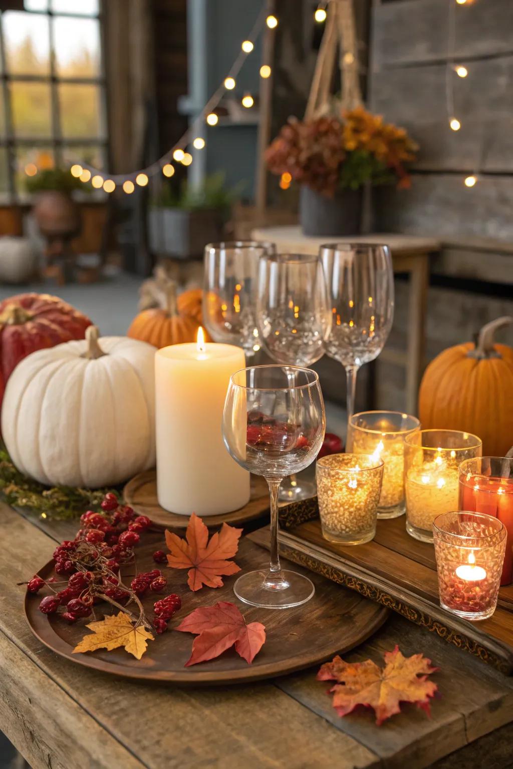 A fall-inspired glassware display creating a cozy vibe.