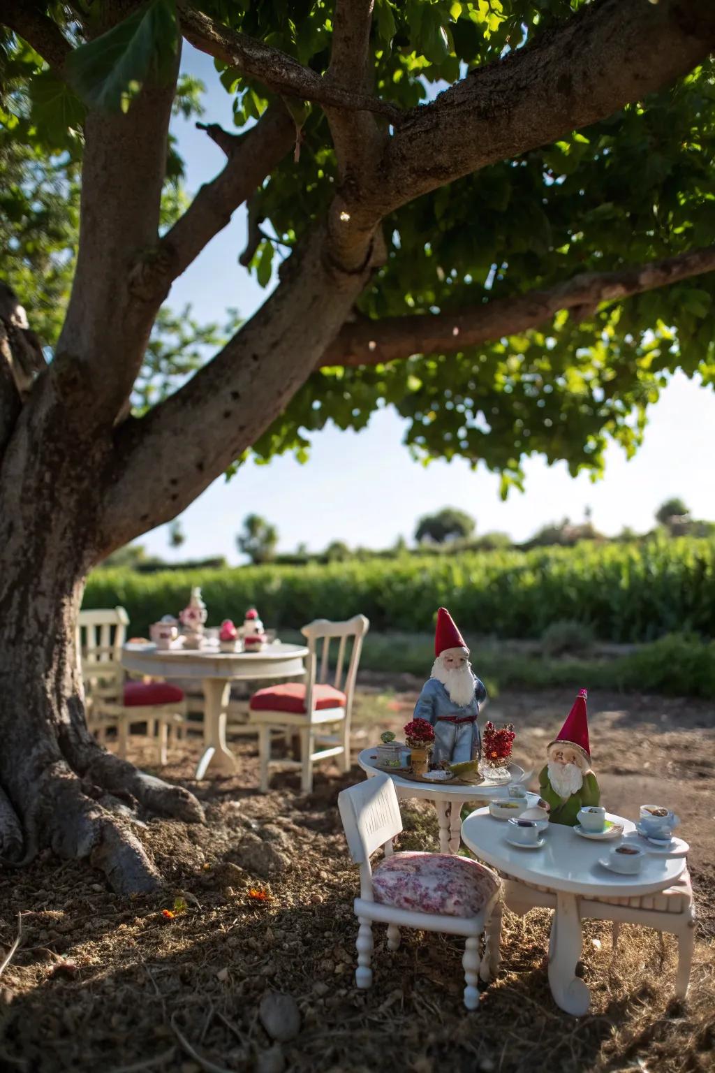 A picturesque gnome treat assembly set beneath the sheltering arms of the oak.