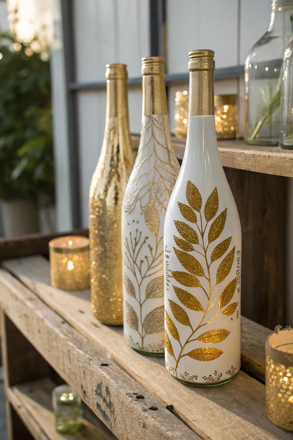 Repurpose glass bottles into decorative showpieces with gold leaf.