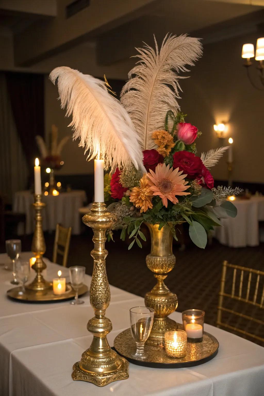 Gold centerpieces stand out as captivating focal points on every table.