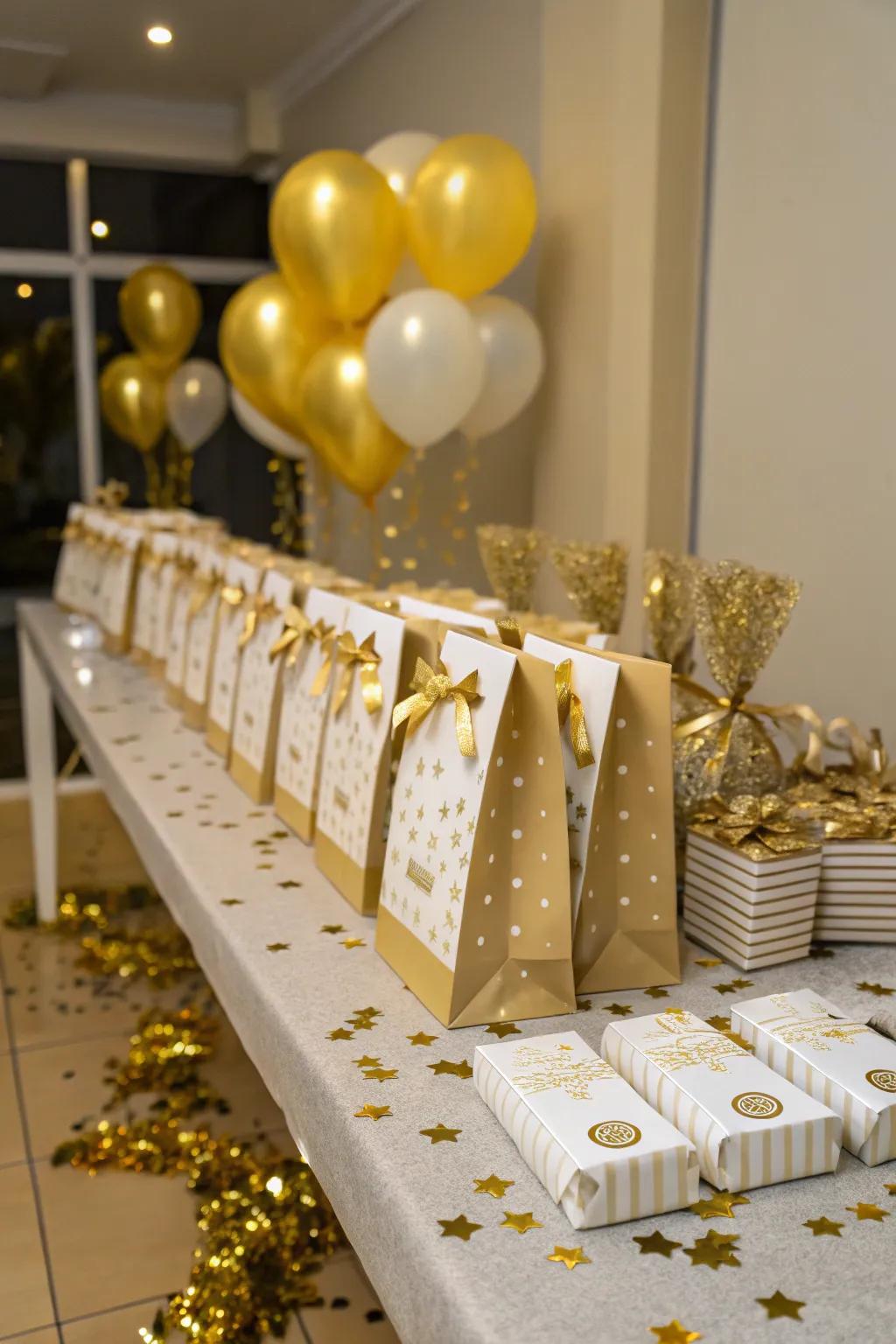 Thoughtful gilded-themed party tokens for guests.
