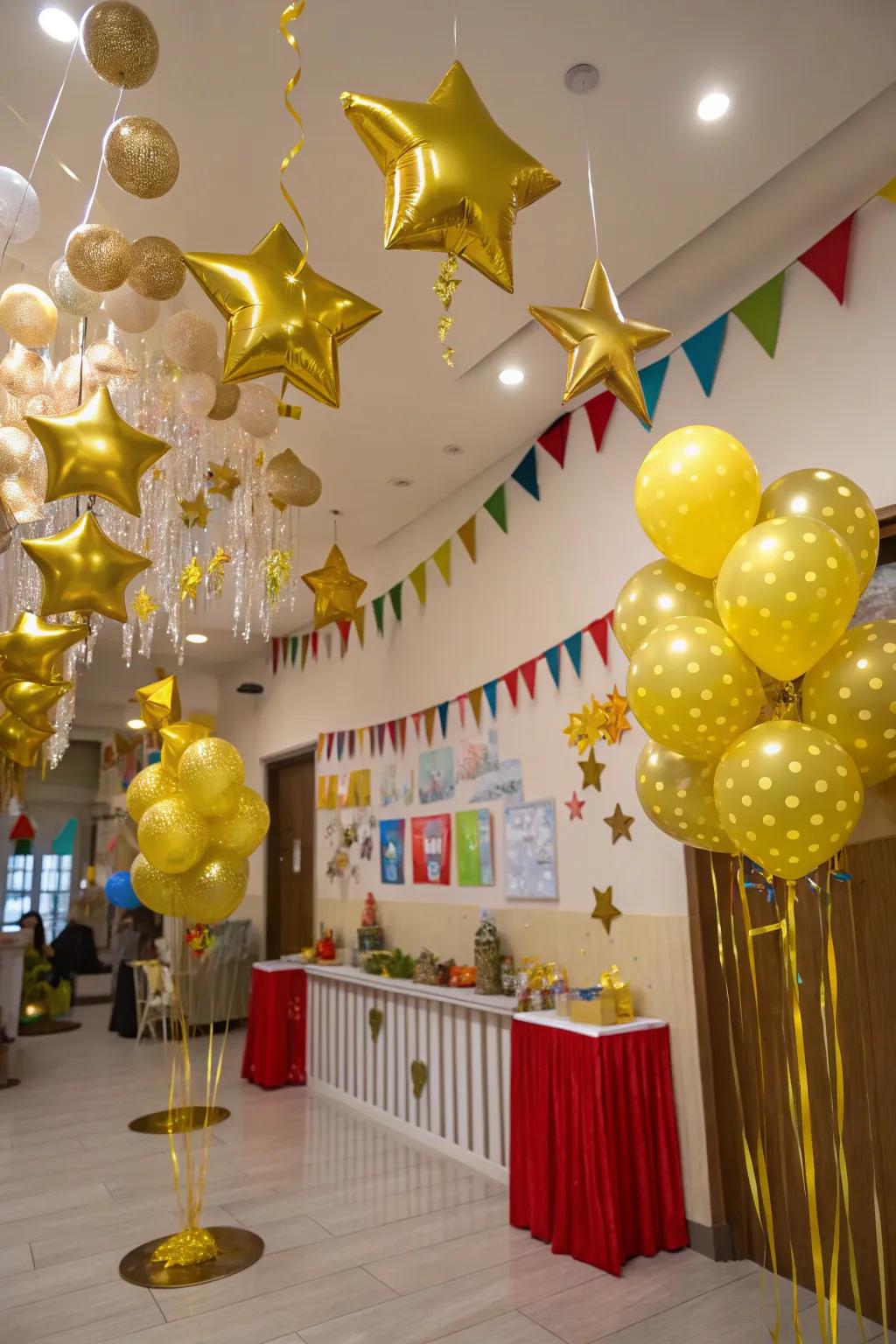 Whimsical gold star decorations for a magical setting.