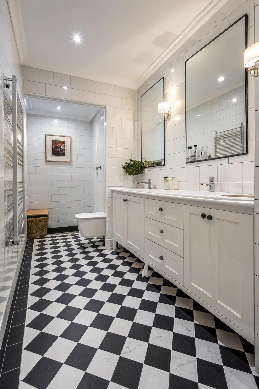 Bold floor tiles make a striking statement in this gothic bathroom.