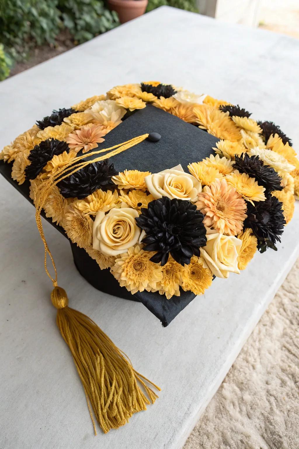A creative graduation headgear floral composition.
