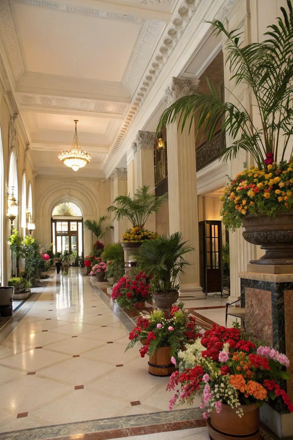 Potted flora and lush verdure infuse vitality into a majestic entryway.