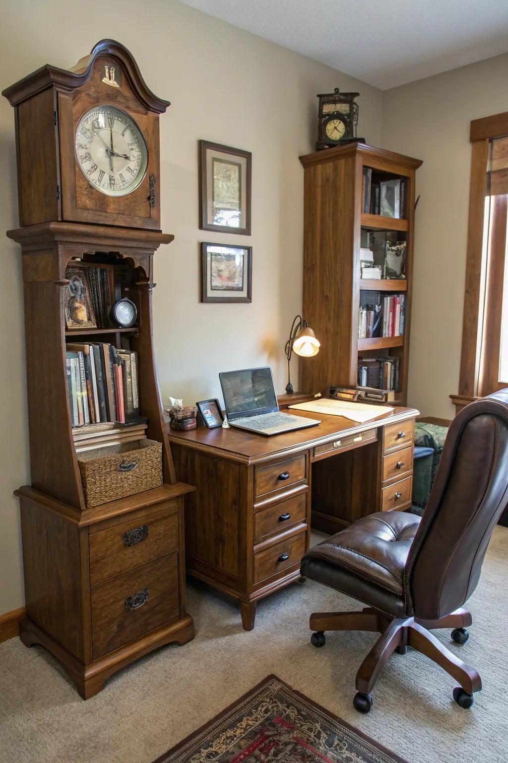 A longcase clock enhances the elegance of an office area at home.