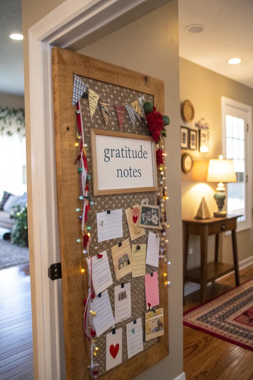 A gratitude wall with a pin-board aesthetic.