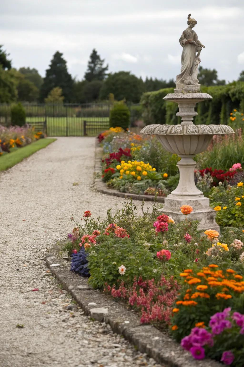 An ornamental statue contributing flair to a pebble garden bed