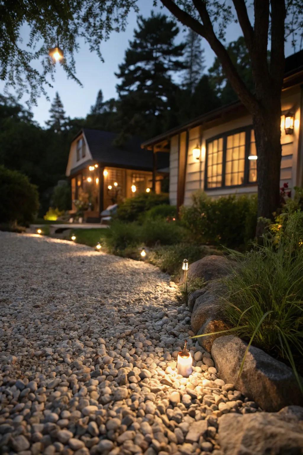Soft lighting highlights gravel features for a magical evening ambiance.