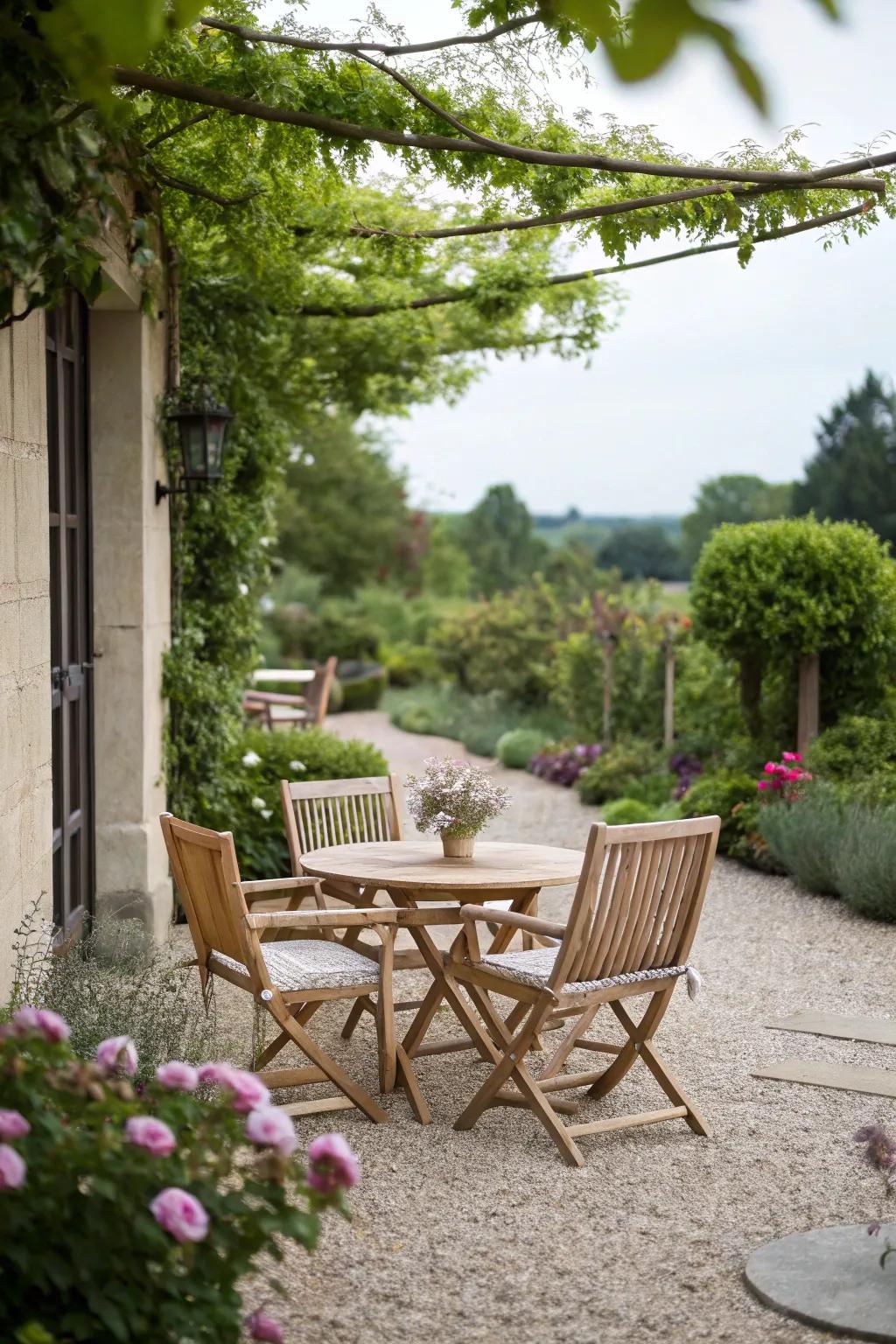 A gravel patio complemented by simple timber furniture, establishing a cozy setting.