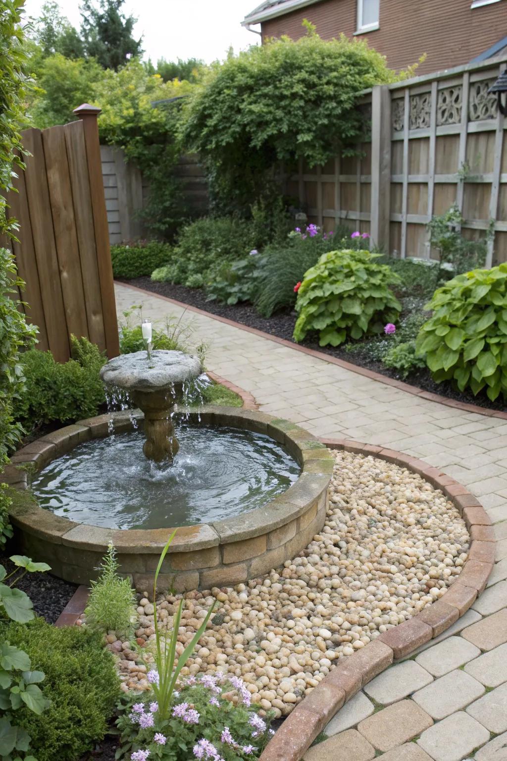A calming water feature complemented by gravel in a garden setting.