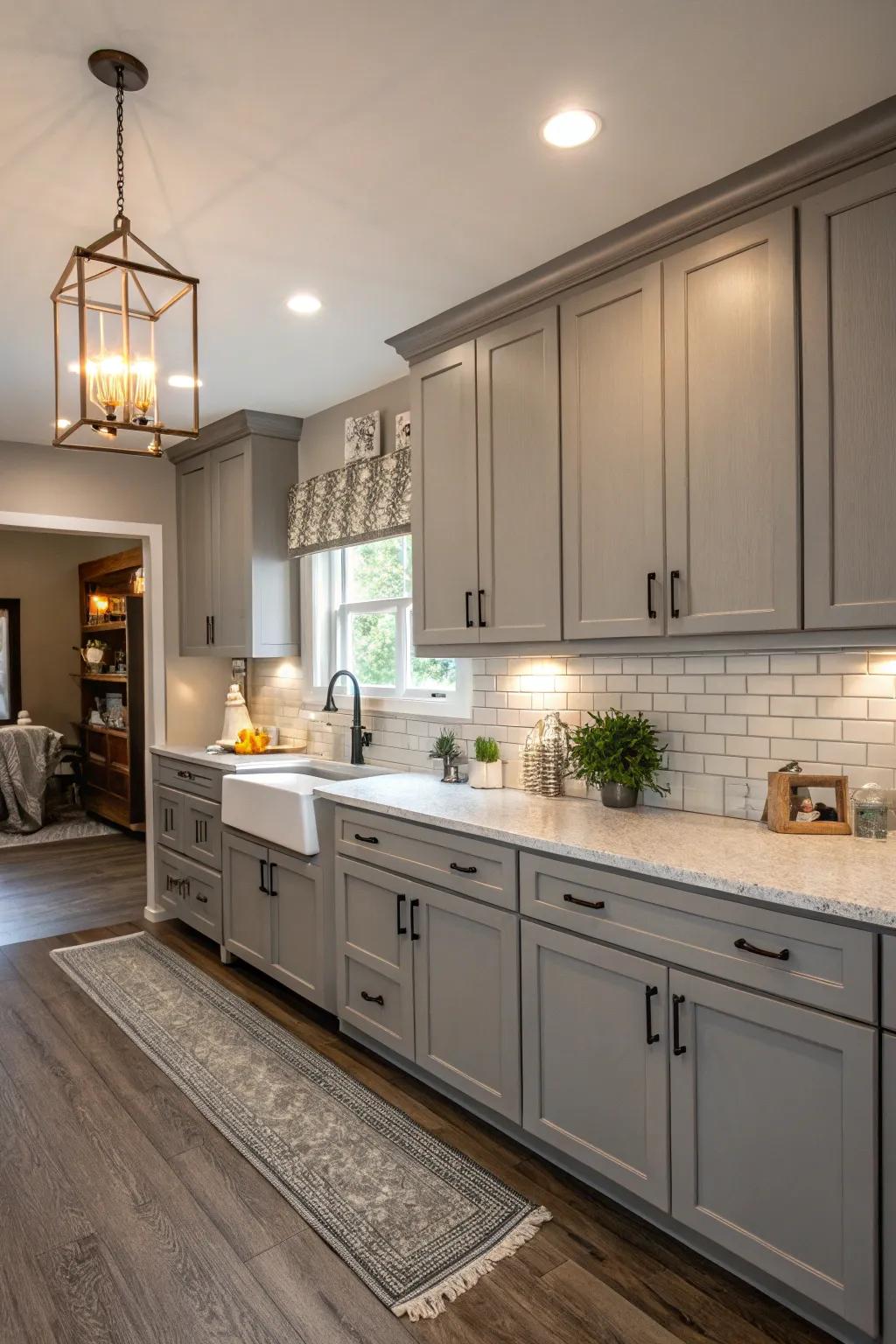 In this adaptable kitchen design, gray functions as a soothing backdrop.