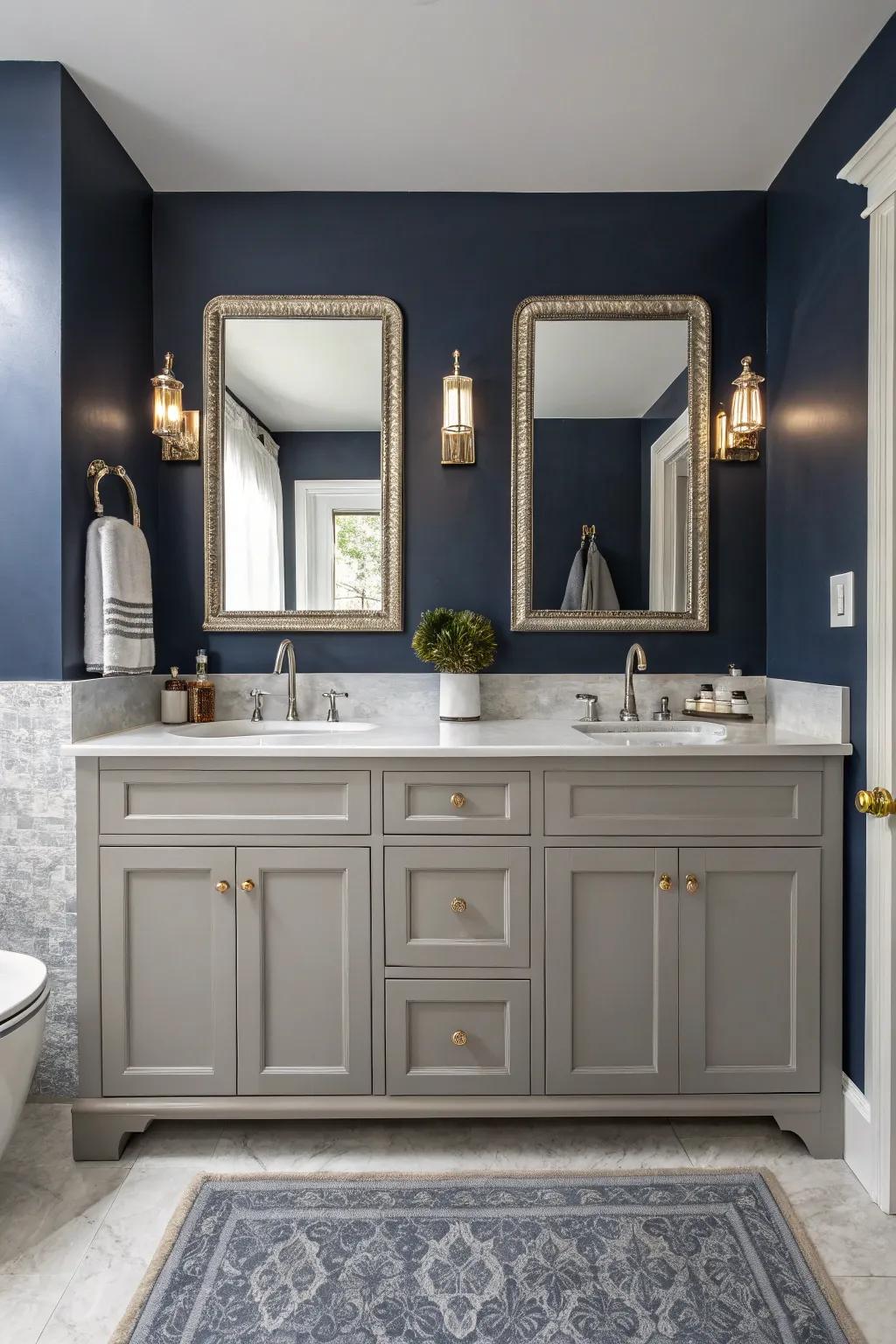 A daring lavatory design with a striking comparison between the gray stand and navy wall.