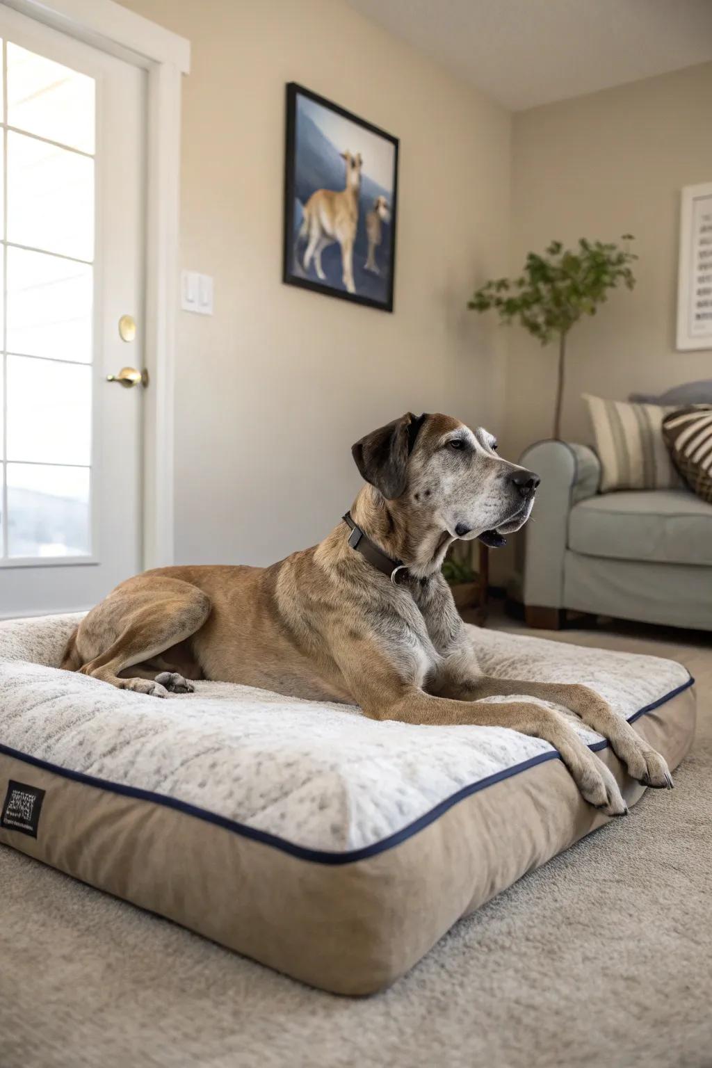 Orthopedic beds offer essential support for aging Great Danes.