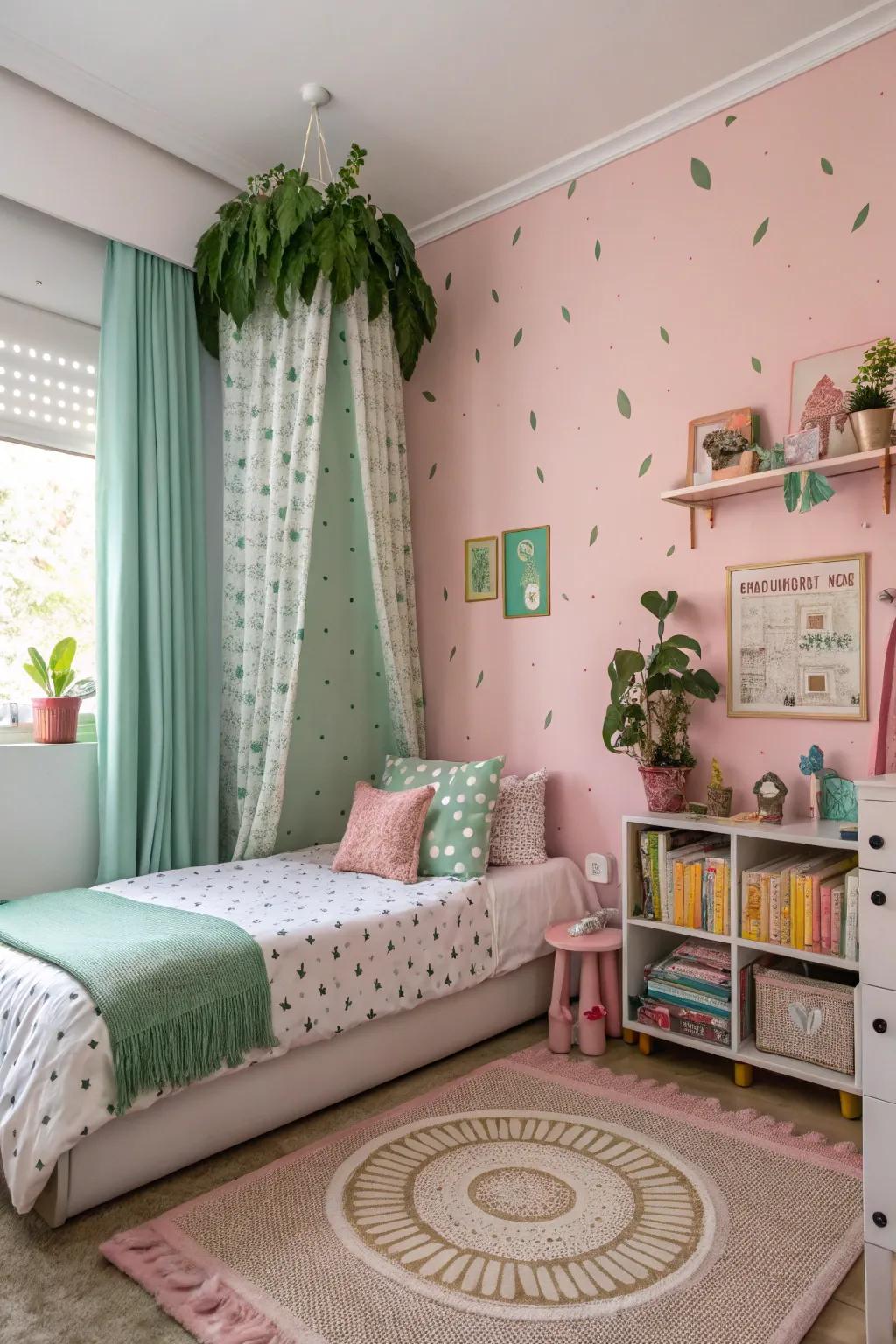 The dreamy vibe created by playful rose walls paired with green decor.