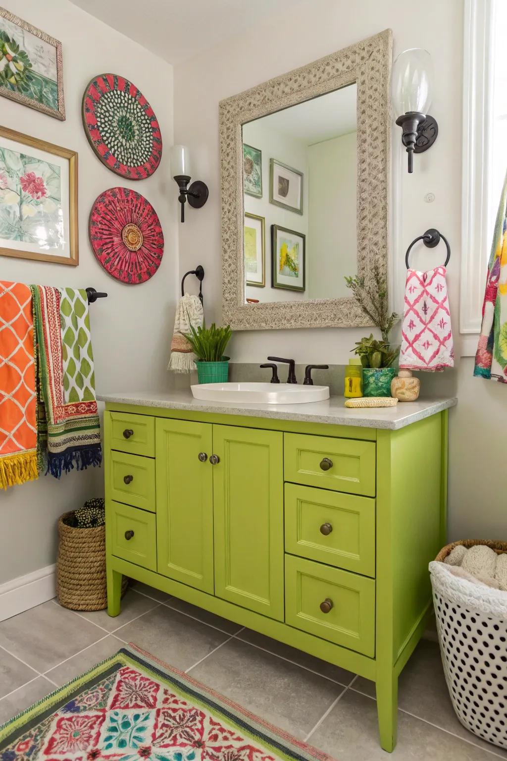 Chartreuse green vanity producing a striking design statement.