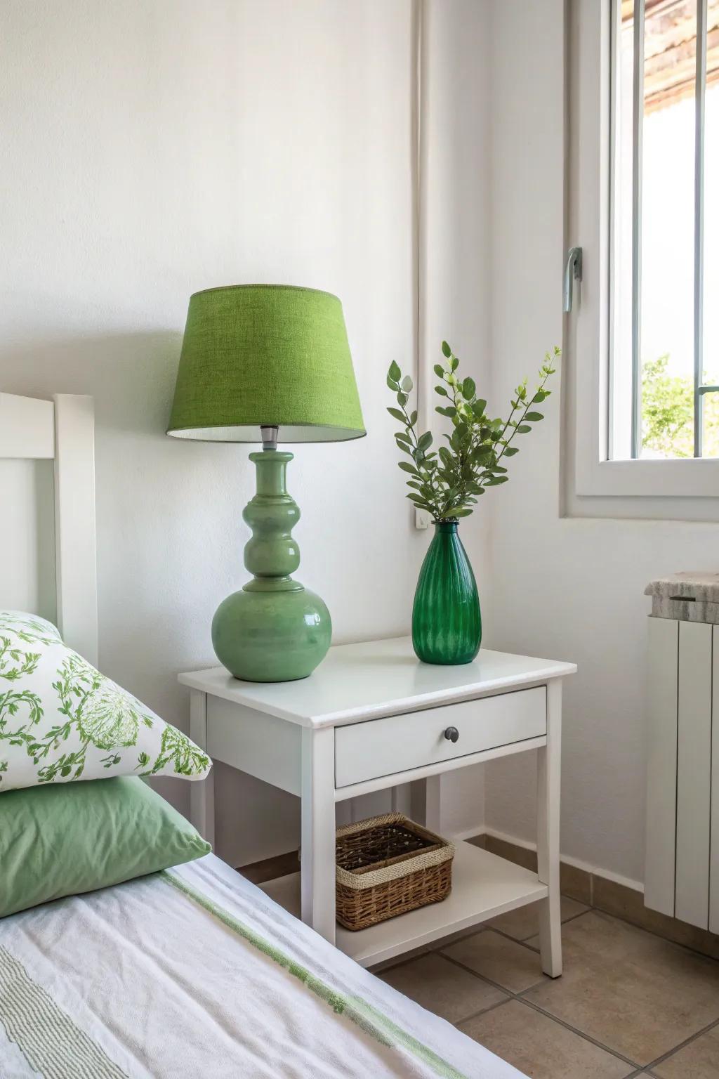 A simple green décor creates a tranquil and tidy atmosphere.