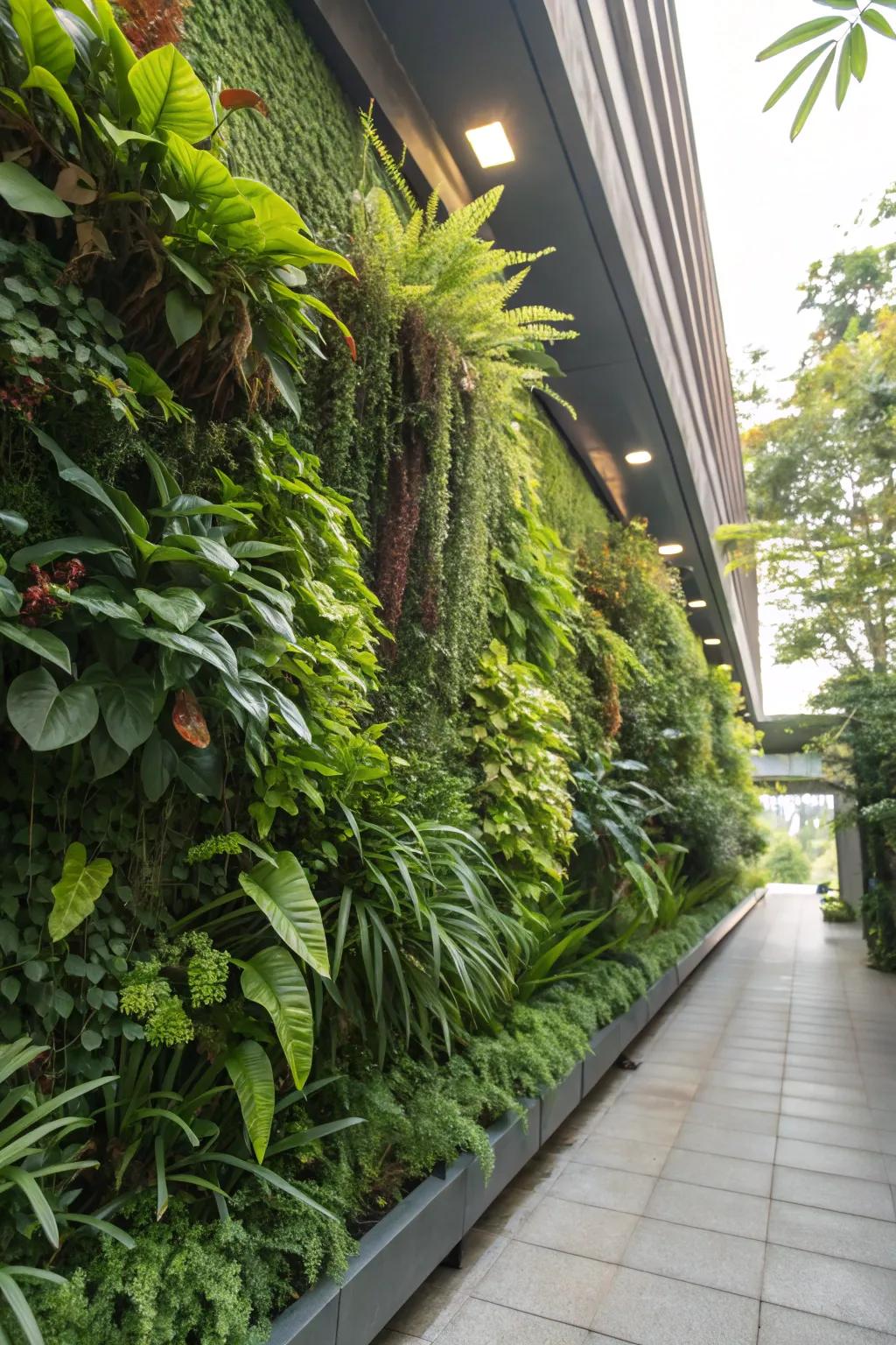 A living wall, adding skyward interest and lush greenery to the garden.