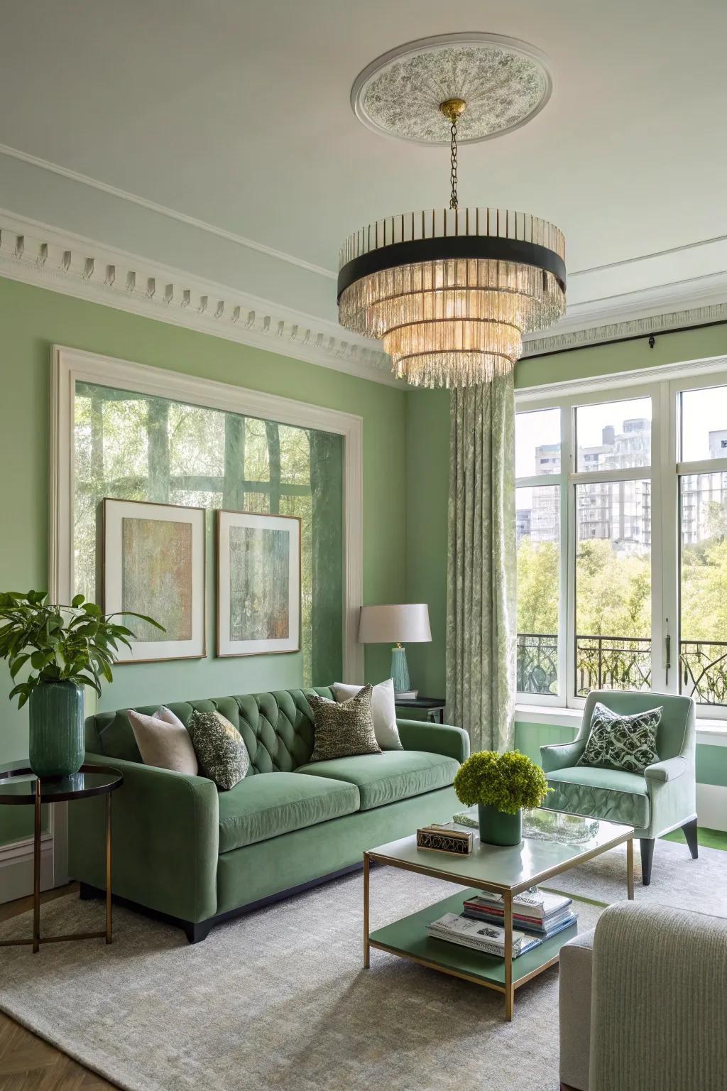 Both natural and artificial lighting enrich this green living room.