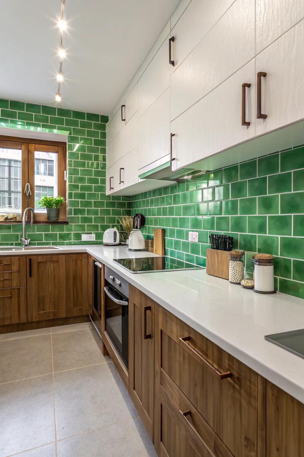 Green tiles adding an unexpected burst of color.
