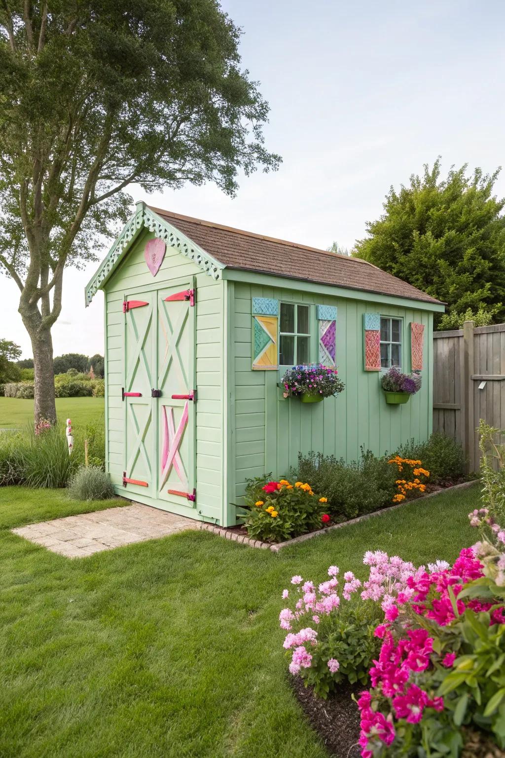 A light colors shed brings a touch of whimsy to the garden.